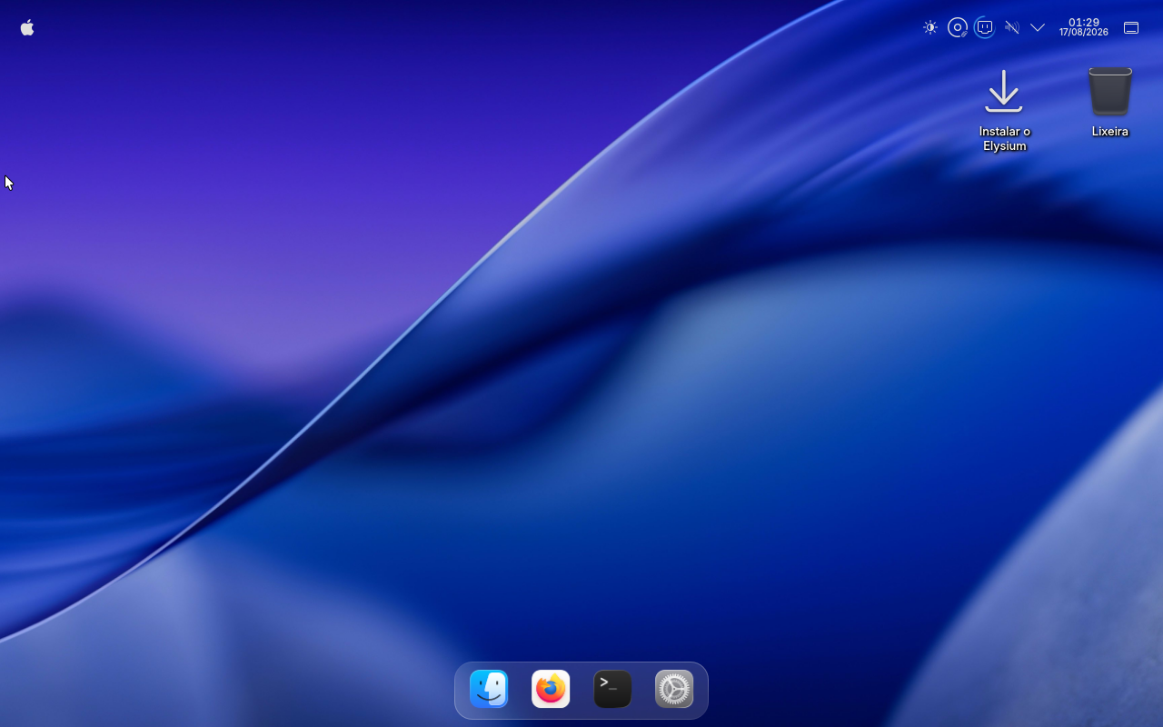 Tema estilo macOS: barra de menus no topo e dock centralizada embaixo.