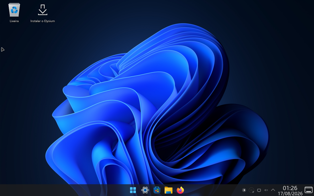 Tema estilo Windows 11: barra inferior com menu Iniciar centralizado e papel de parede azul.